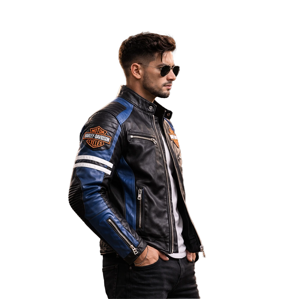 Men's Harley Blue Stripe Leather Biker Jacket - Image 2