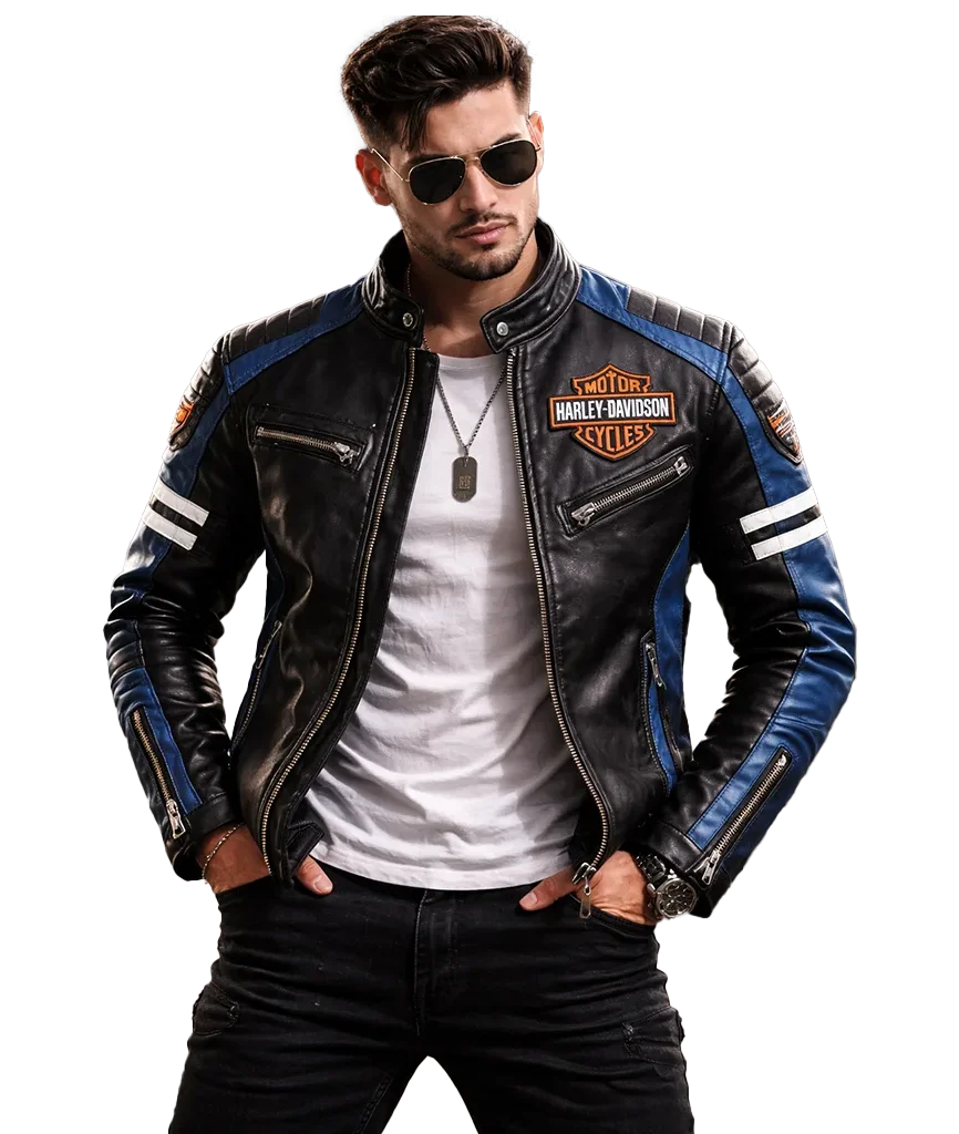 Men’s Harley Blue Stripe Leather Biker Jacket