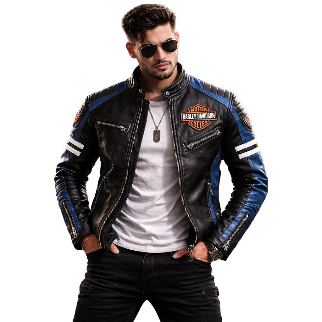Men's Harley Blue Stripe Leather Biker Jacket - Image 3