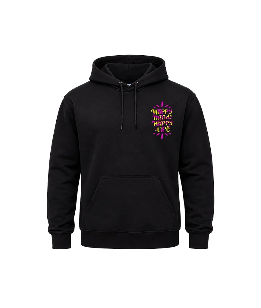 “Happy Mind Happy Life” Front and Back Print Graphic Hoodie