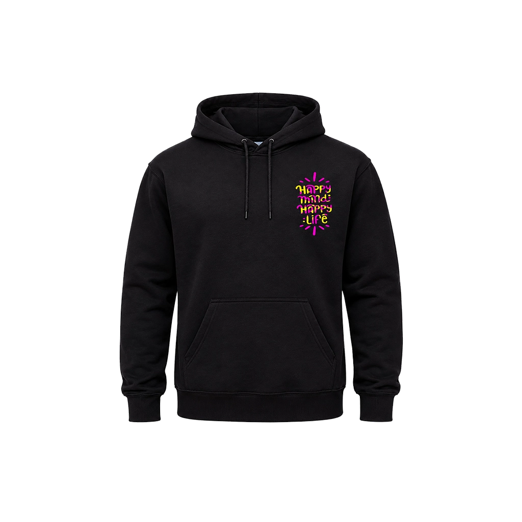 “Happy Mind Happy Life” Front and Back Print Graphic Hoodie