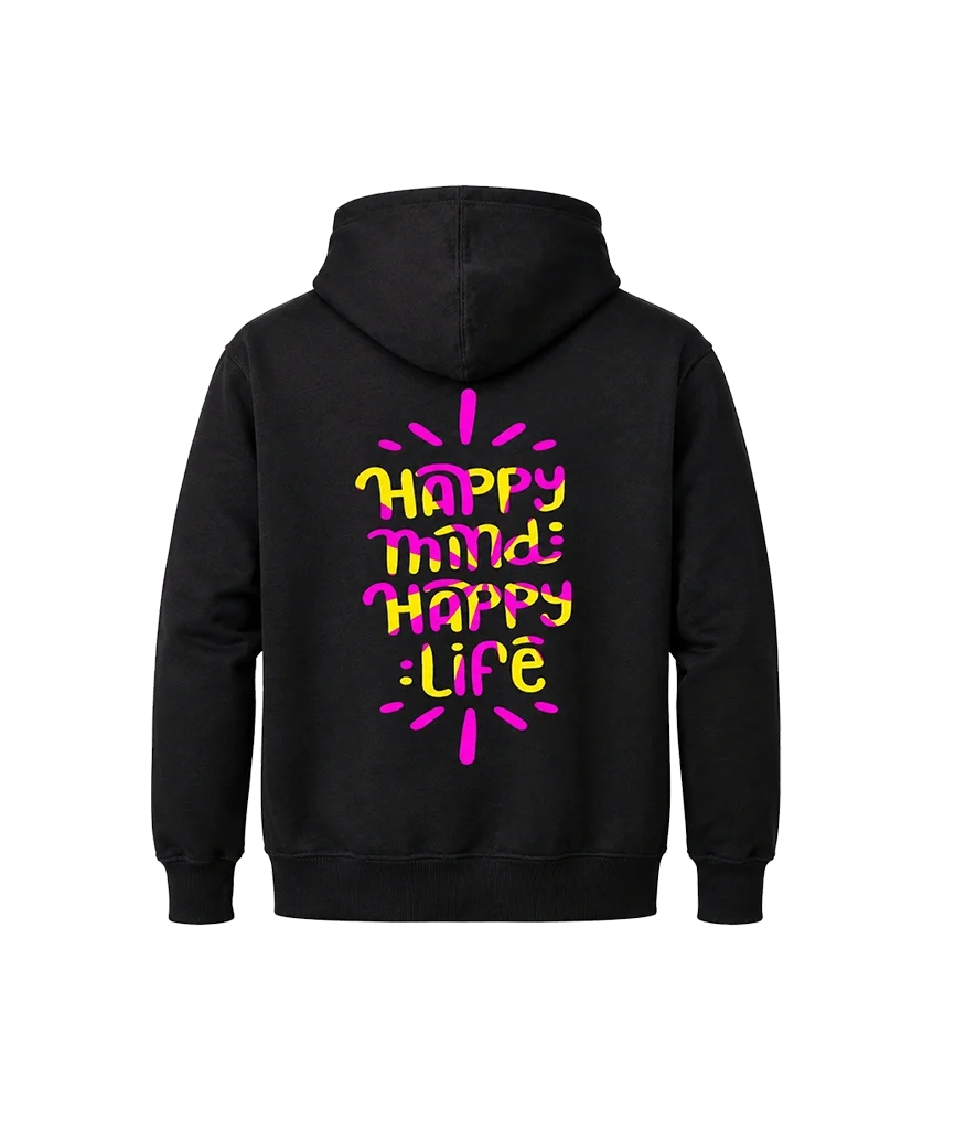 “Happy Mind Happy Life” Front and Back Print Graphic Hoodie