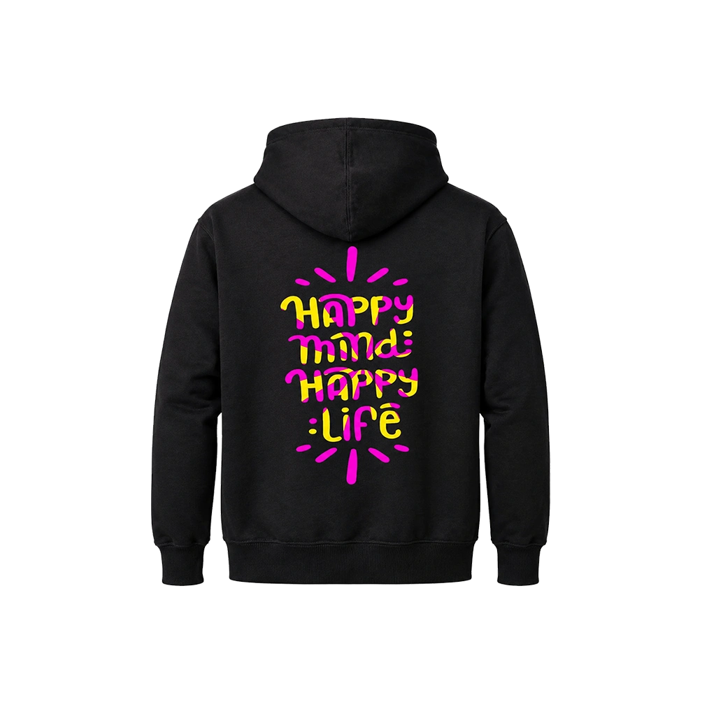 “Happy Mind Happy Life” Front and Back Print Graphic Hoodie