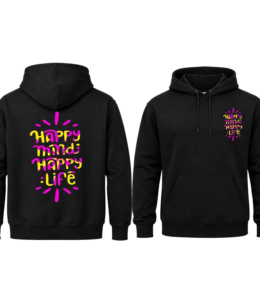 “Happy Mind Happy Life” Front and Back Print Graphic Hoodie