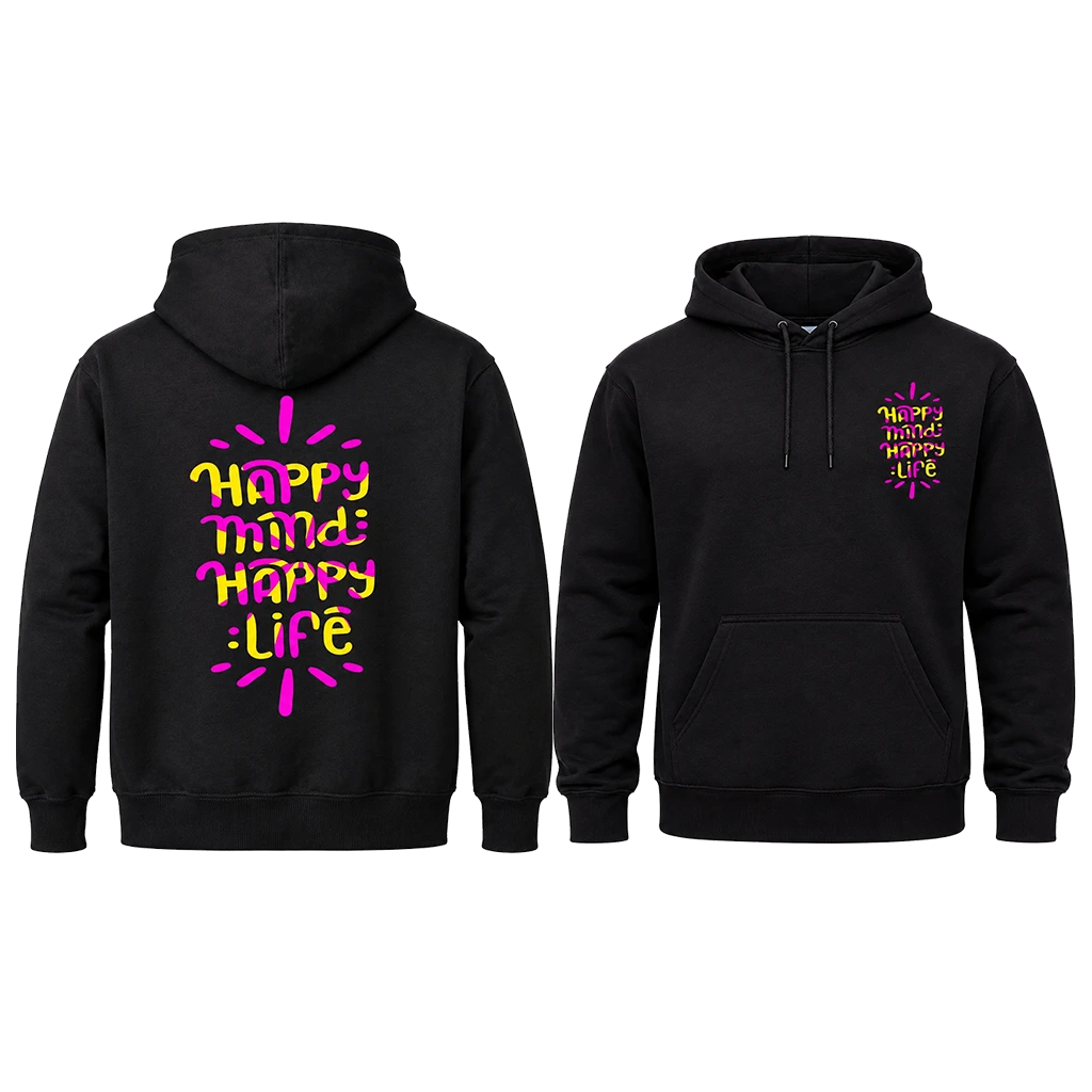 “Happy Mind Happy Life” Front and Back Print Graphic Hoodie