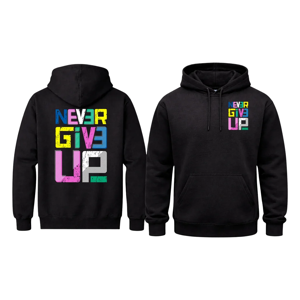 Minimalist “Never Give Up” Front Pocket Print Hoodie