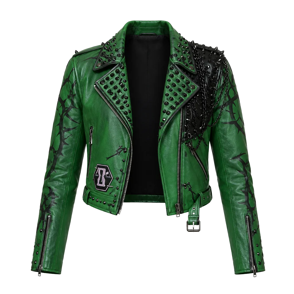 All Elite Wrestling 2025 Saraya Damaged Green Studded Biker Leather Jacket