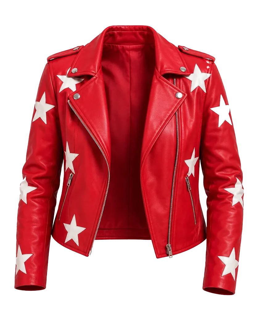Battle Camp 2025 Polly Brindle Star Print Red Leather Jacket