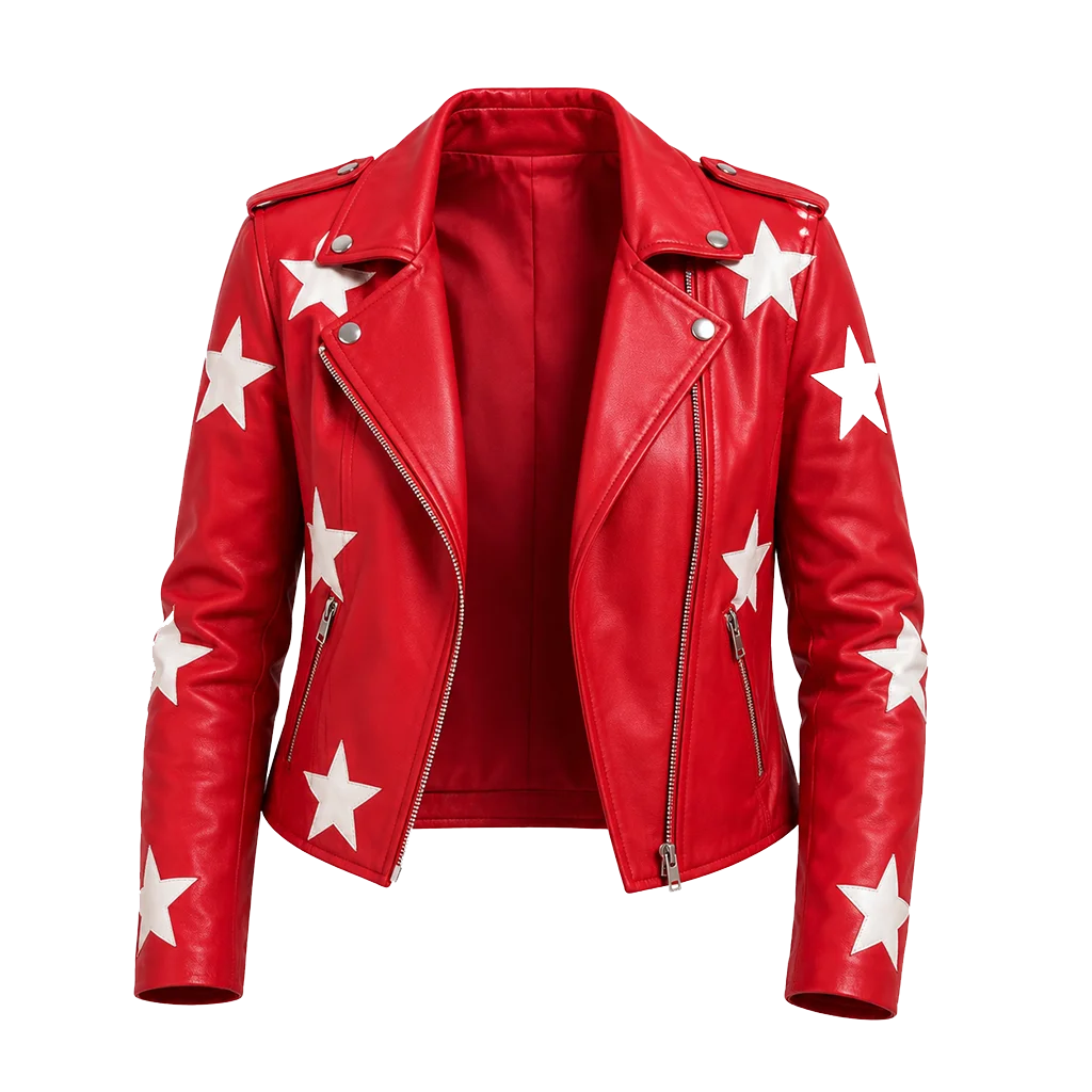 Battle Camp 2025 Polly Brindle Star Print Red Leather Jacket