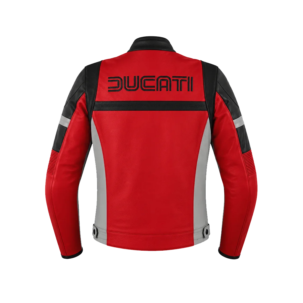 Ducati-Motorcycles-100th-Anniversary-Desmo250-MX-Red-and-Grey-Biker-Leather-Jacket - Image 2