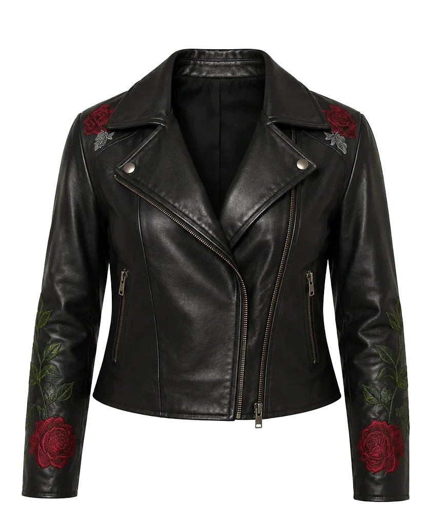 Las Vegas Rodeo Women Glenrose Floral Patch Work Black Biker Leather Jacket