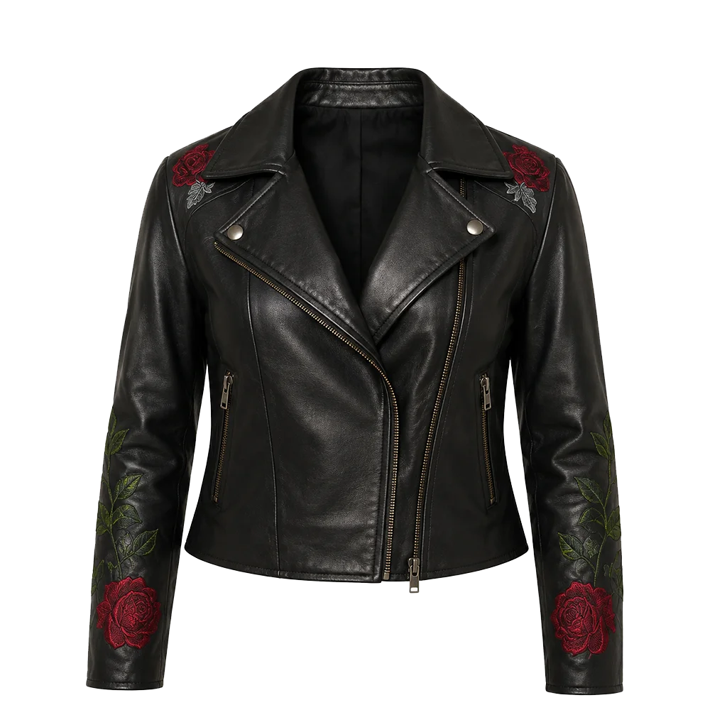 Las Vegas Rodeo Women Glenrose Floral Patch Work Black Biker Leather Jacket