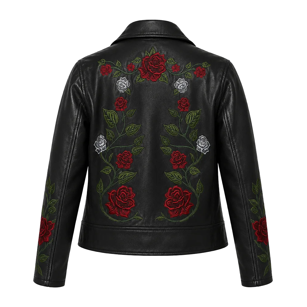 Las Vegas Rodeo Women Glenrose Floral Patch Work Black Biker Leather Jacket - Image 2