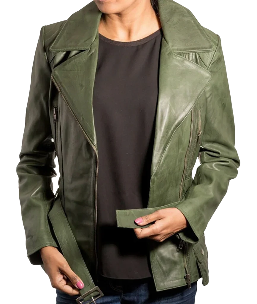 Women’s Belted Asymmetrical Leather Moto Jacket
