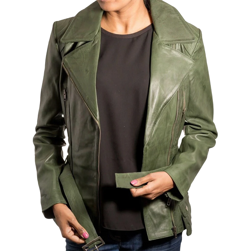 Women’s Belted Asymmetrical Leather Moto Jacket