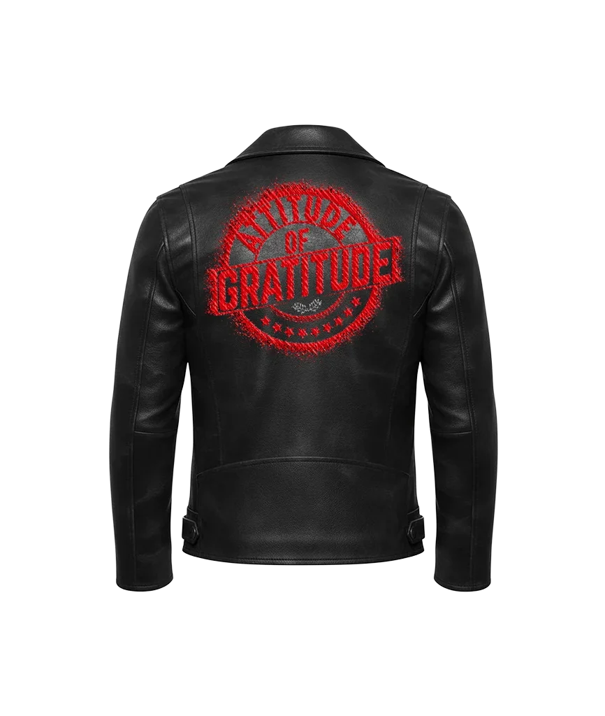 Attitude of Gratitude Red Stamp Embroidered Leather Jacket