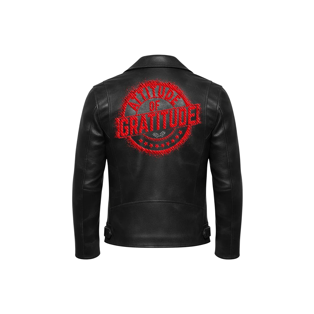 Attitude of Gratitude Red Stamp Embroidered Leather Jacket