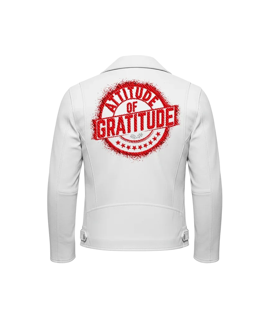 Attitude of Gratitude Red Stamp Embroidered Leather Jacket