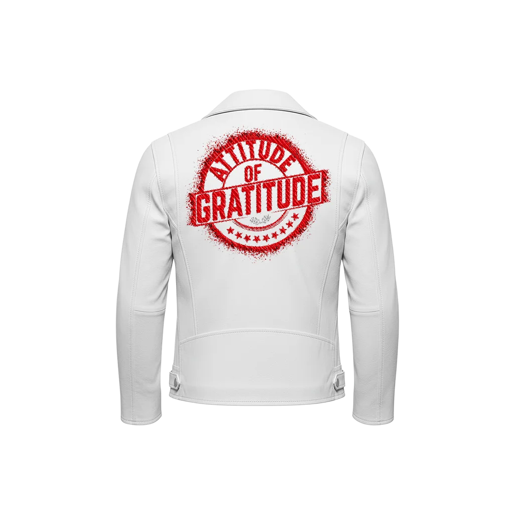 Attitude of Gratitude Red Stamp Embroidered Leather Jacket