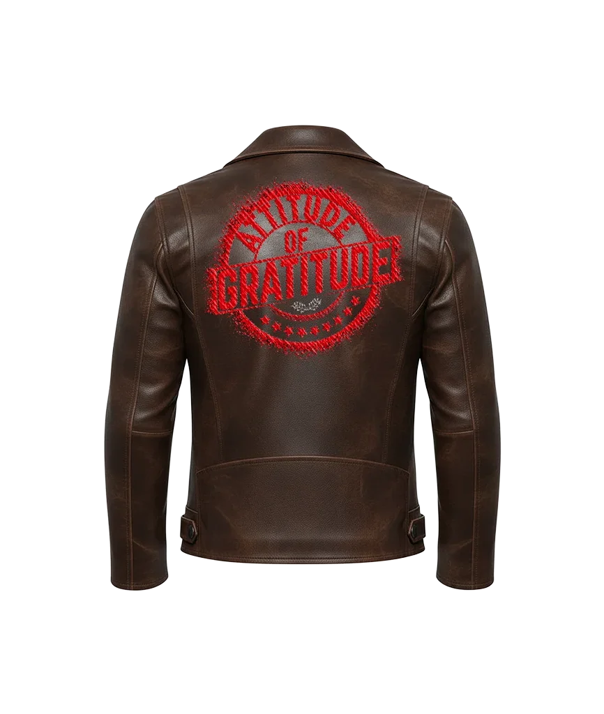 Attitude of Gratitude Red Stamp Embroidered Leather Jacket