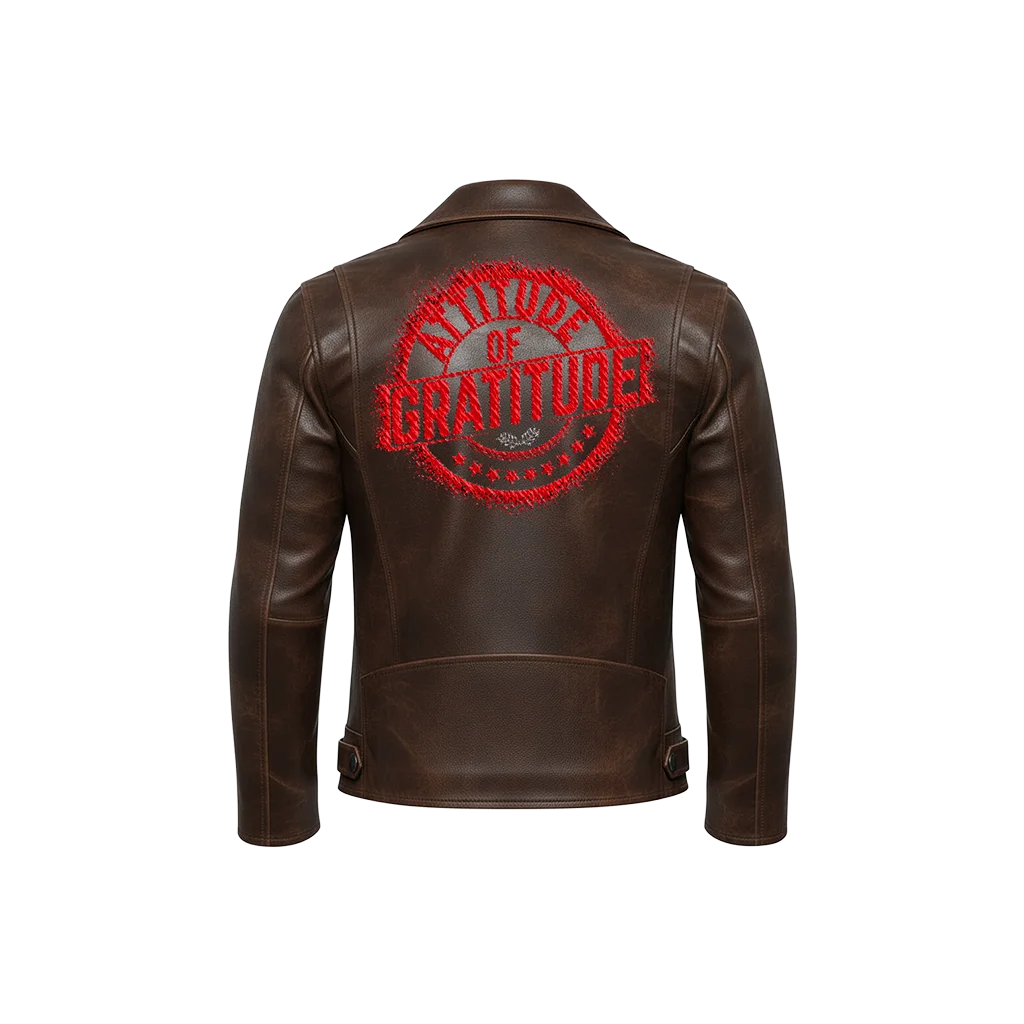 Attitude of Gratitude Red Stamp Embroidered Leather Jacket