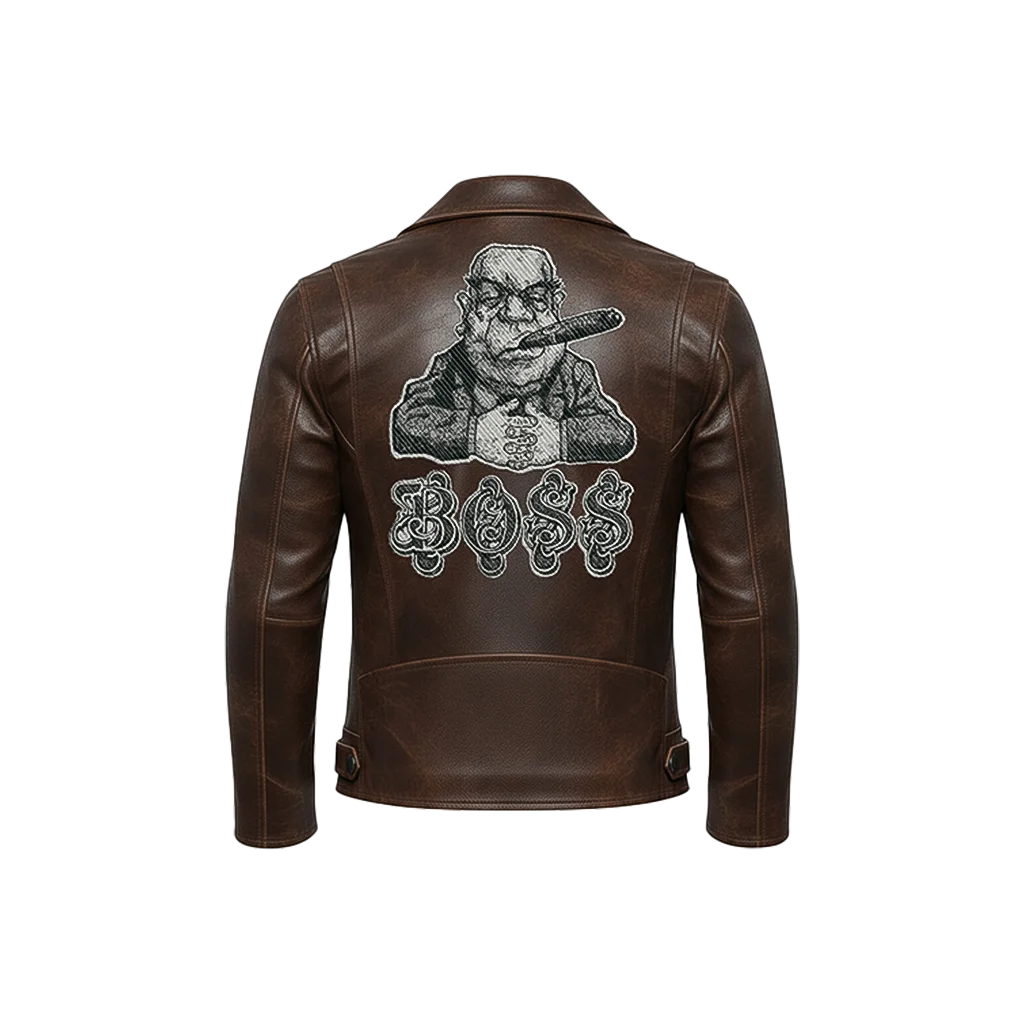 BOSS Cigar Smoking Embroidered Leather Jacket