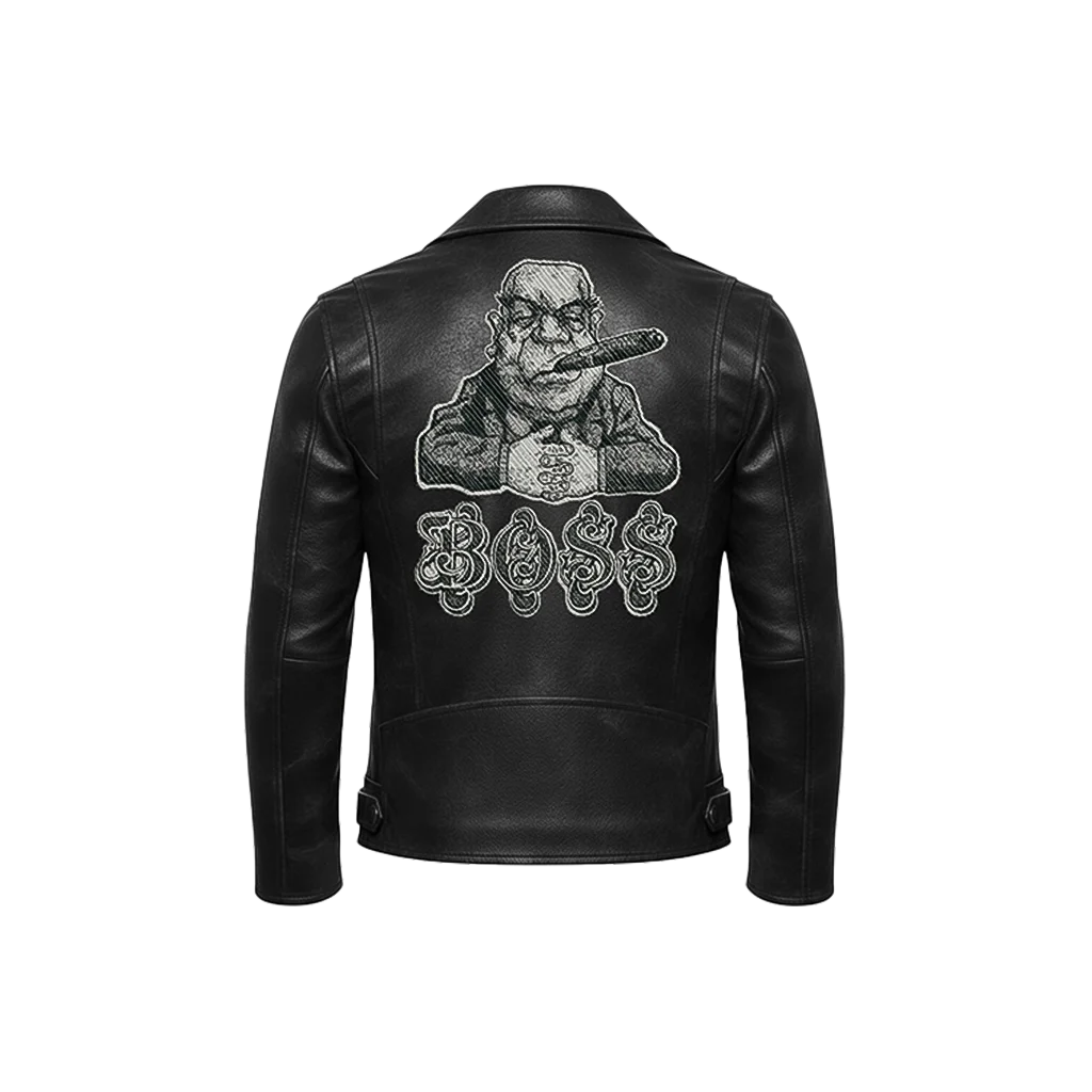 BOSS Cigar Smoking Embroidered Leather Jacket