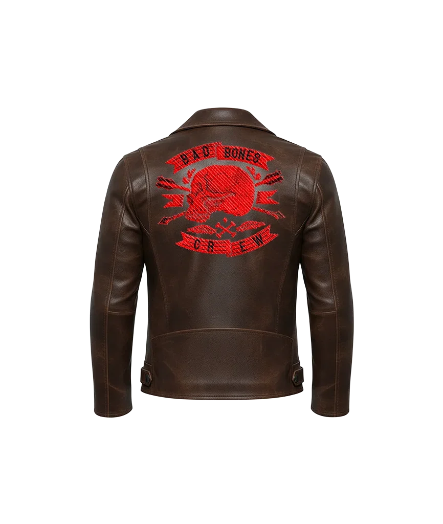 Bad Bones Crew Red Skull Embroidered Leather Moto Jacket