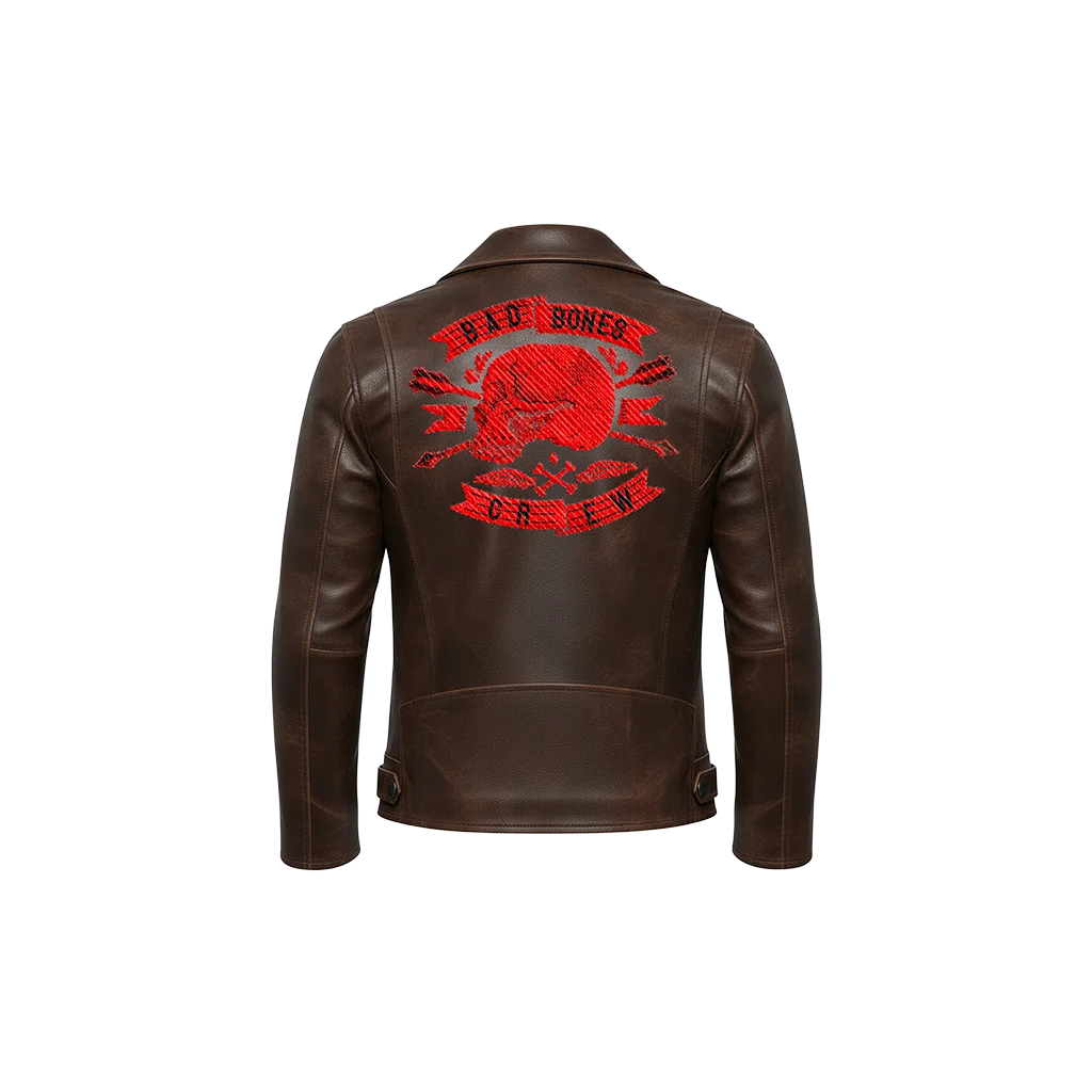 Bad Bones Crew Red Skull Embroidered Leather Moto Jacket