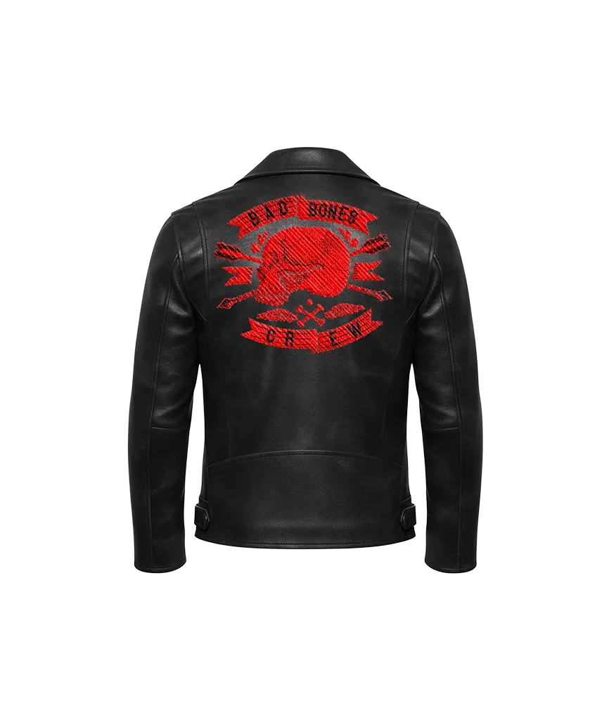 Bad Bones Crew Red Skull Embroidered Leather Moto Jacket