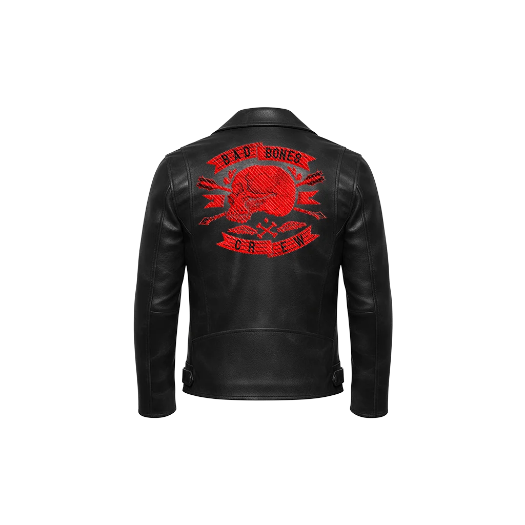 Bad Bones Crew Red Skull Embroidered Leather Moto Jacket