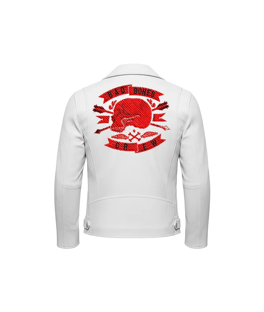 Bad Bones Crew Red Skull Embroidered Leather Moto Jacket