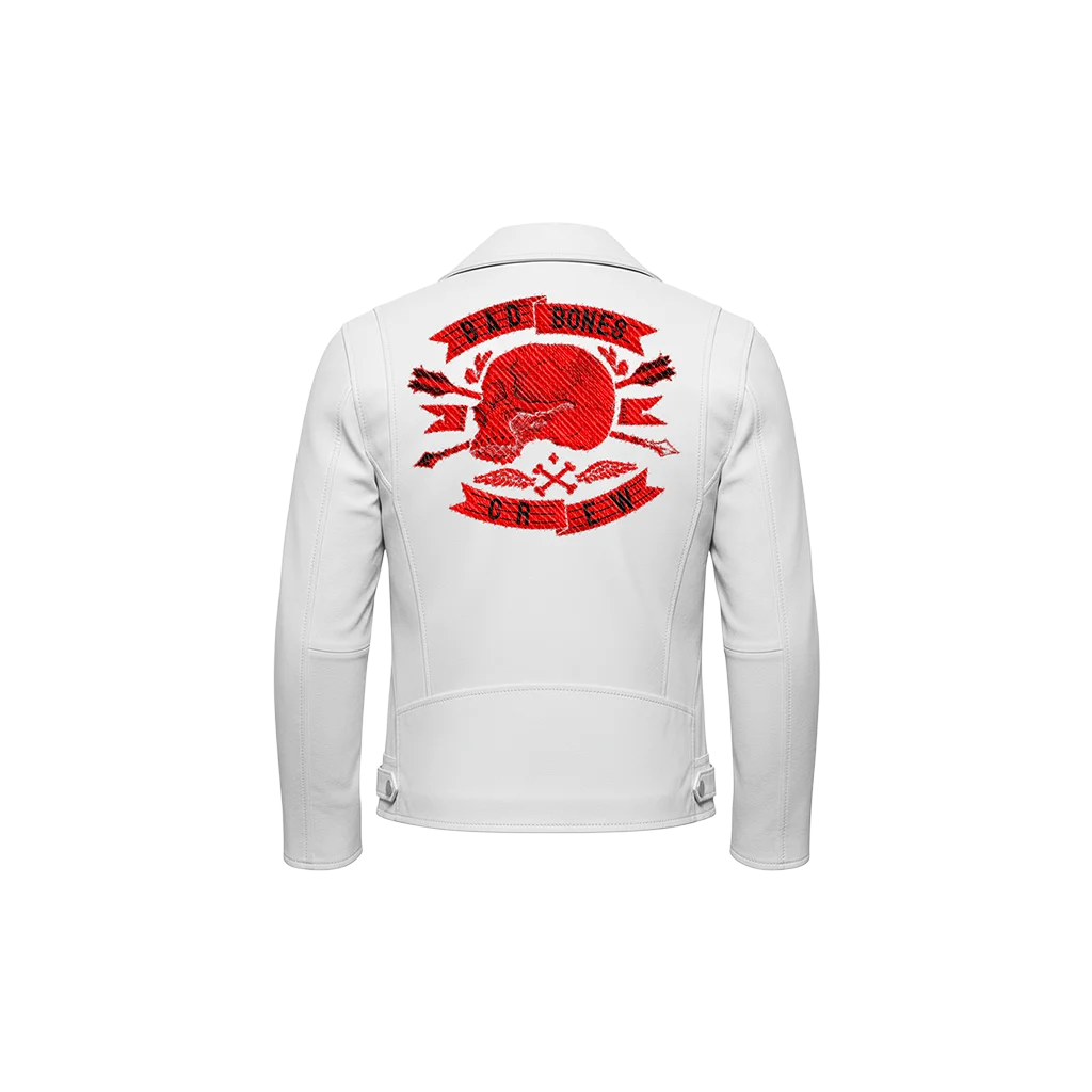 Bad Bones Crew Red Skull Embroidered Leather Moto Jacket