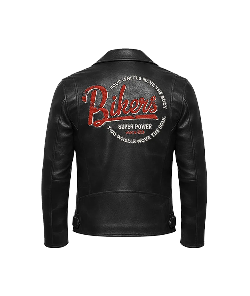 Bikers Super Power Embroidered Leather Moto Jacket