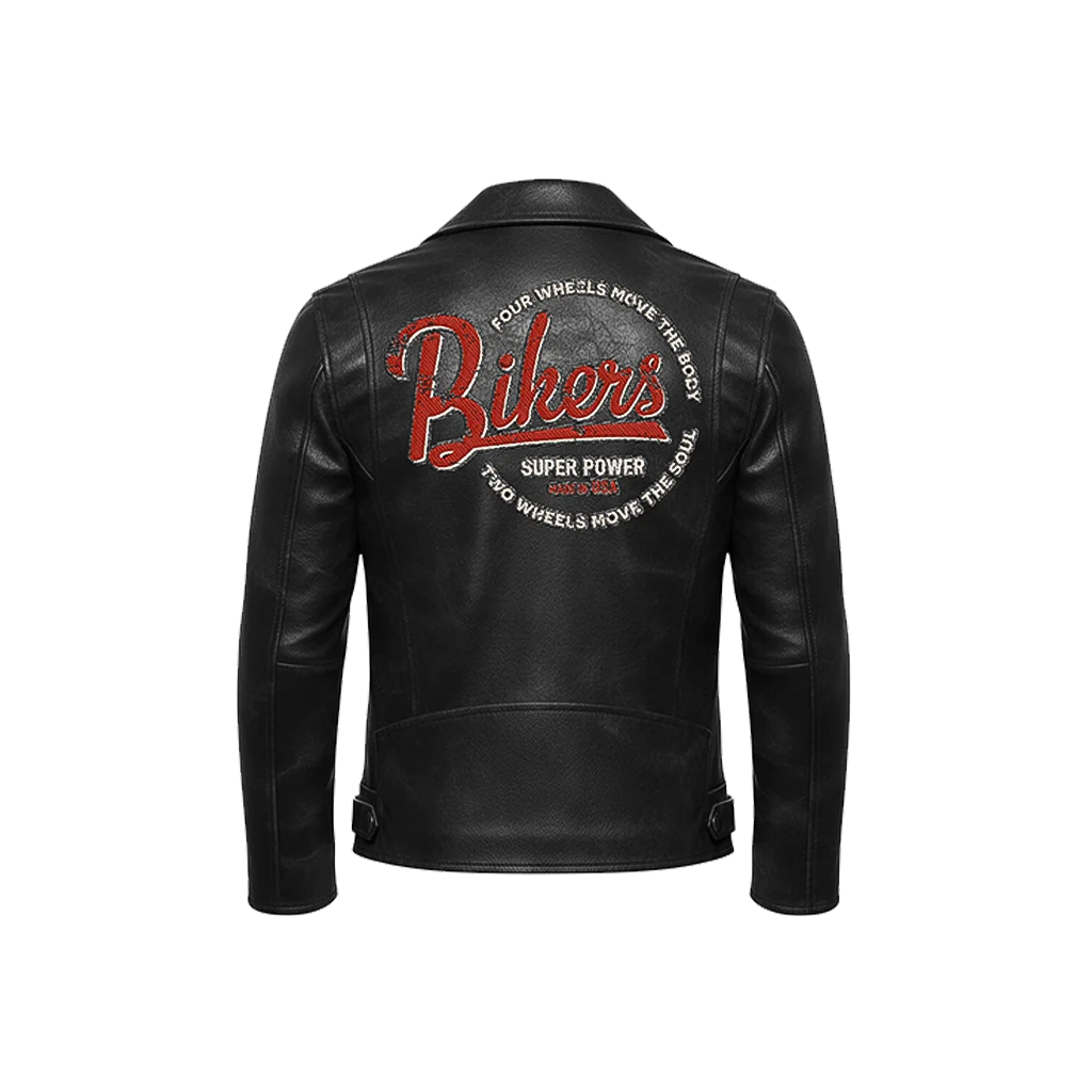 Bikers Super Power Embroidered Leather Moto Jacket