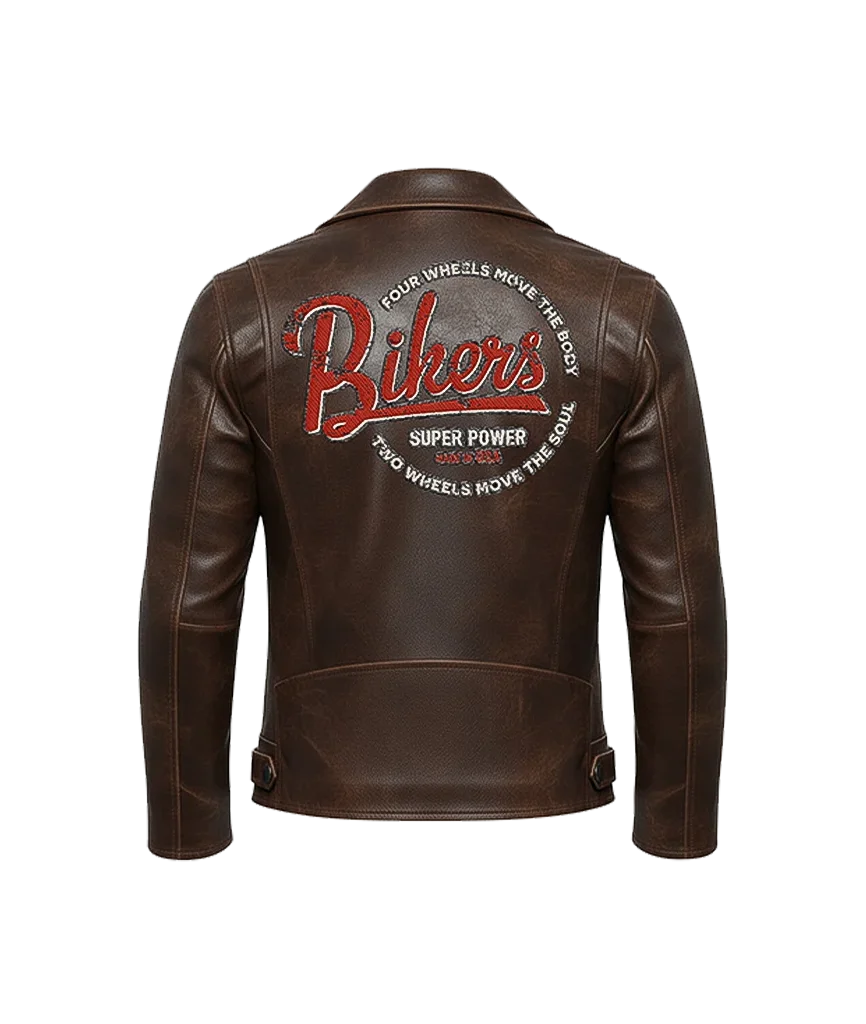Bikers Super Power Embroidered Leather Moto Jacket