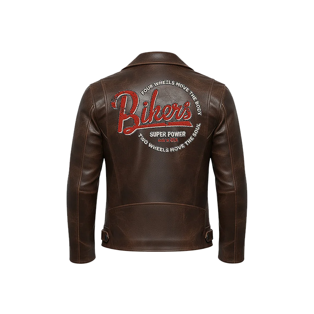 Bikers Super Power Embroidered Leather Moto Jacket
