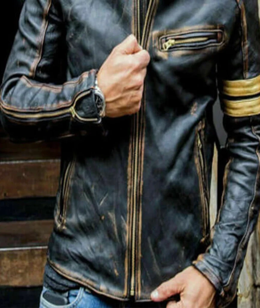 Men’s Distressed Black Striped Leather Biker Jacket