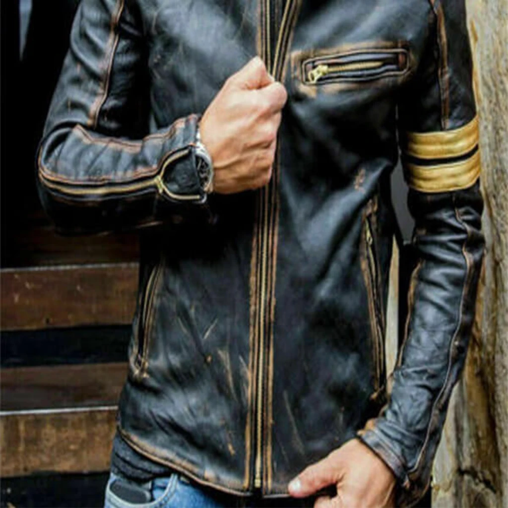Men’s Distressed Black Striped Leather Biker Jacket