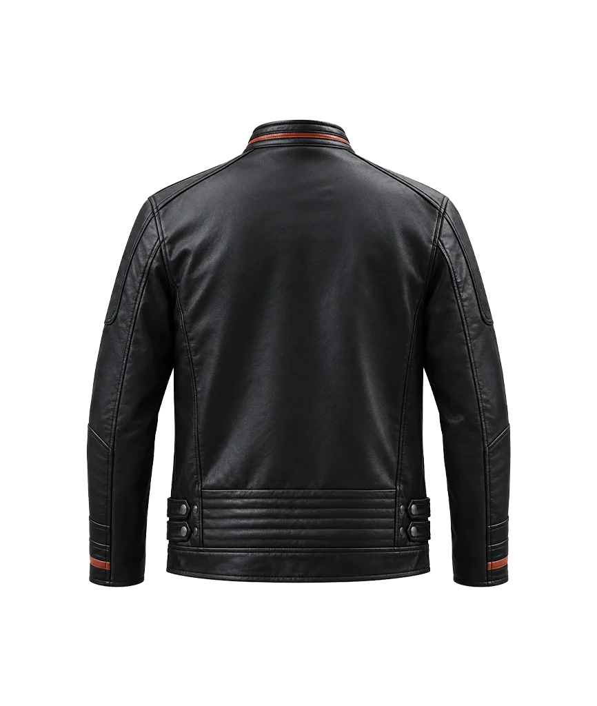 Men’s Black Striped Leather Cafe Racer Biker Jacket