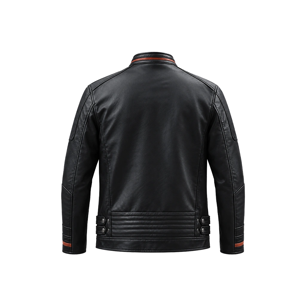 Men’s Black Striped Leather Cafe Racer Biker Jacket