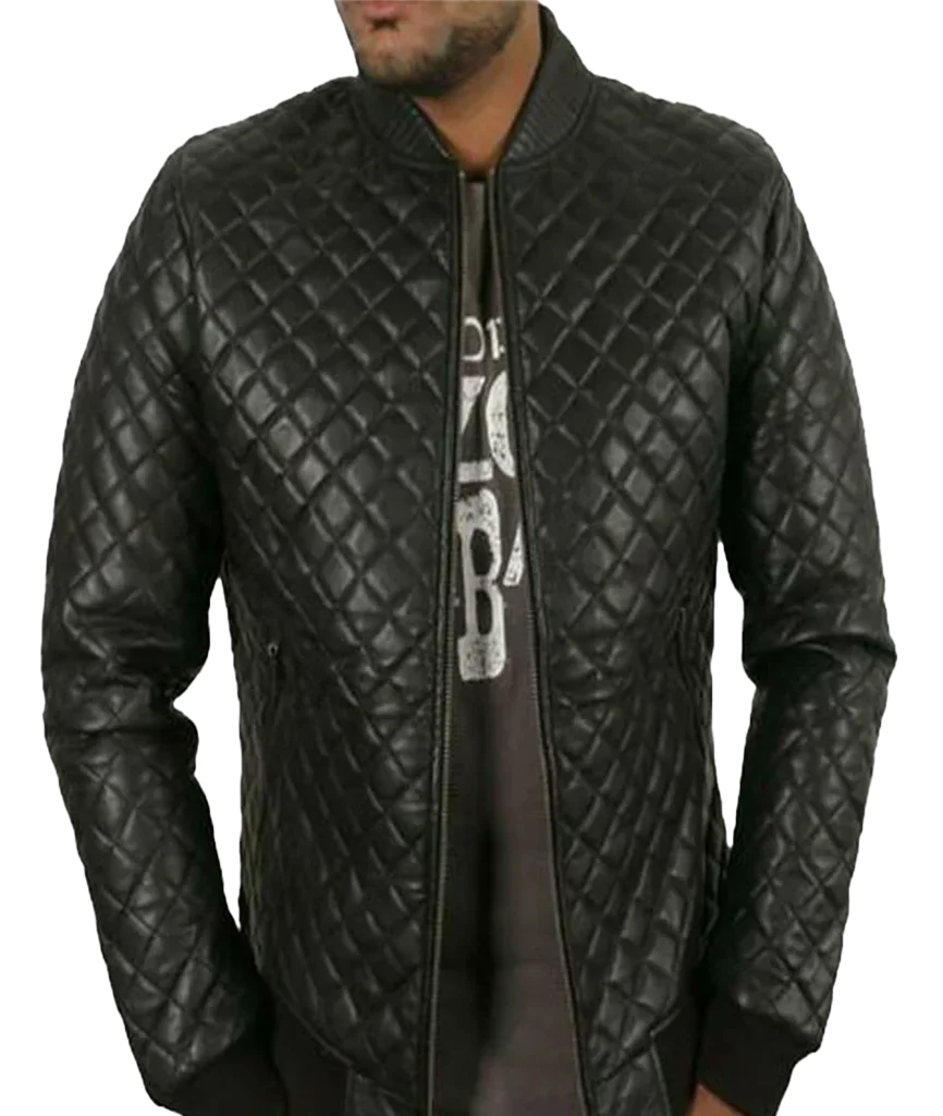 Men’s Black Diamond Quilted Leather Bomber Jacket