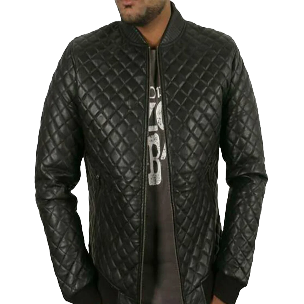 Men’s Black Diamond Quilted Leather Bomber Jacket