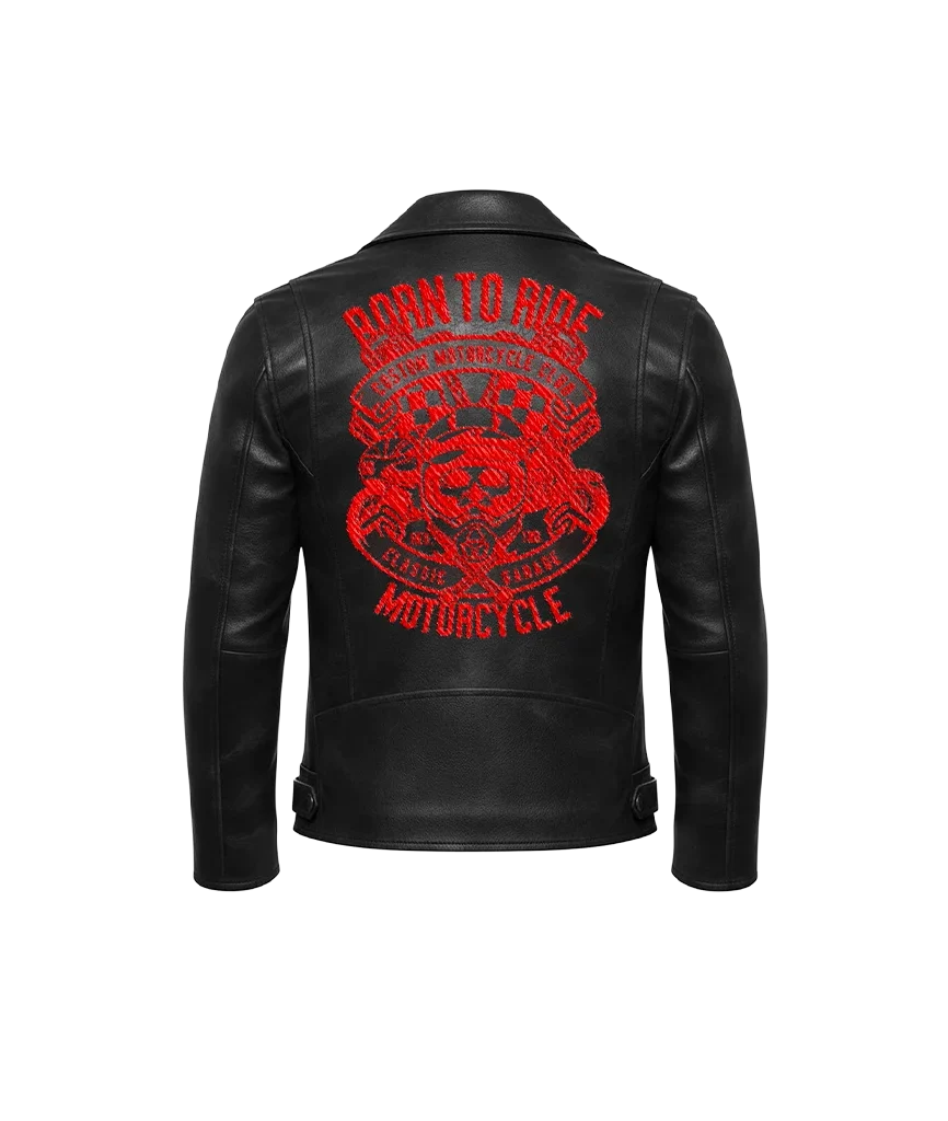Born To Ride Red Skull & Racing Flags Leather Jacket