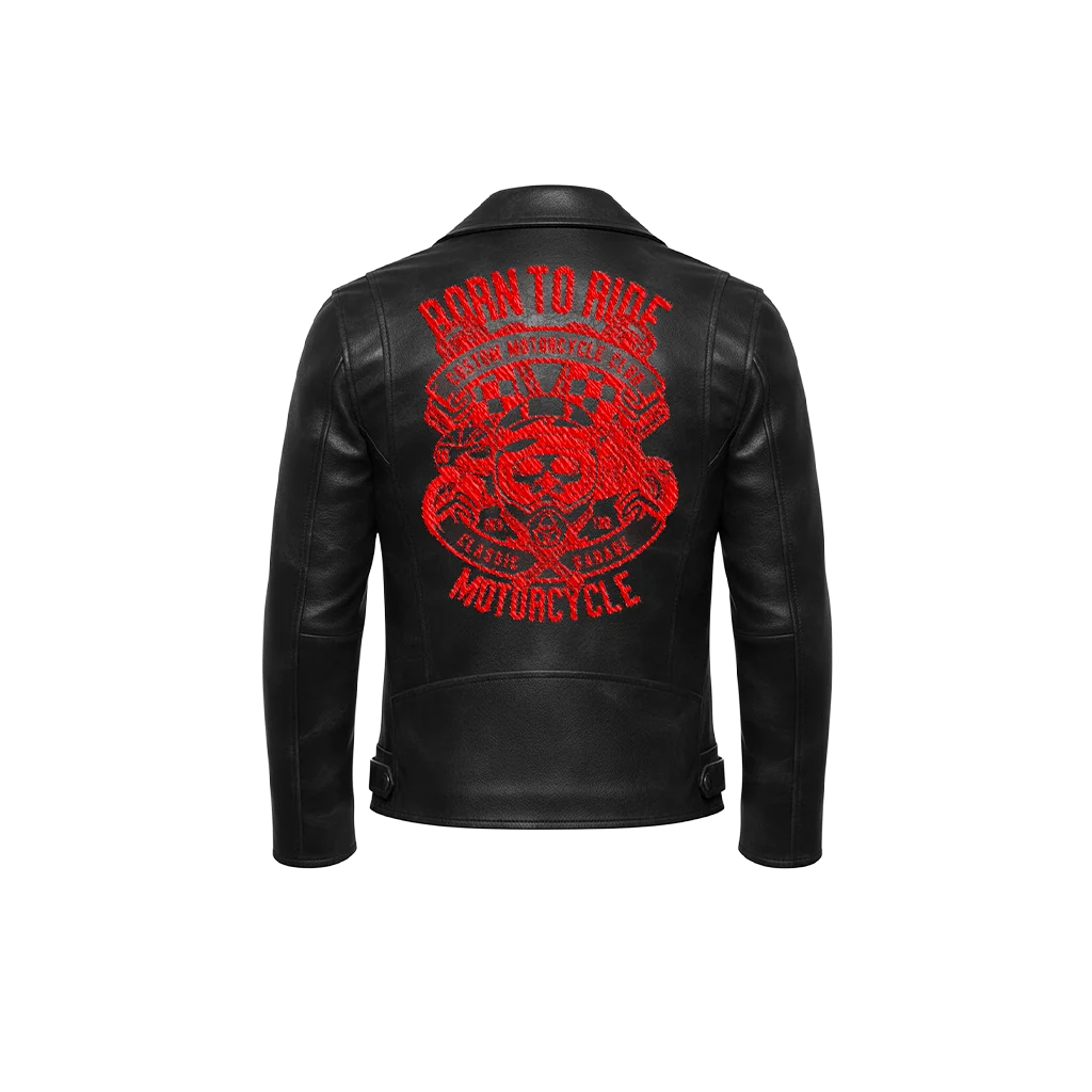 Born To Ride Red Skull & Racing Flags Leather Jacket