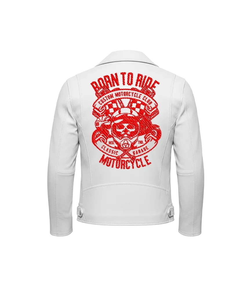 Born To Ride Red Skull & Racing Flags Leather Jacket