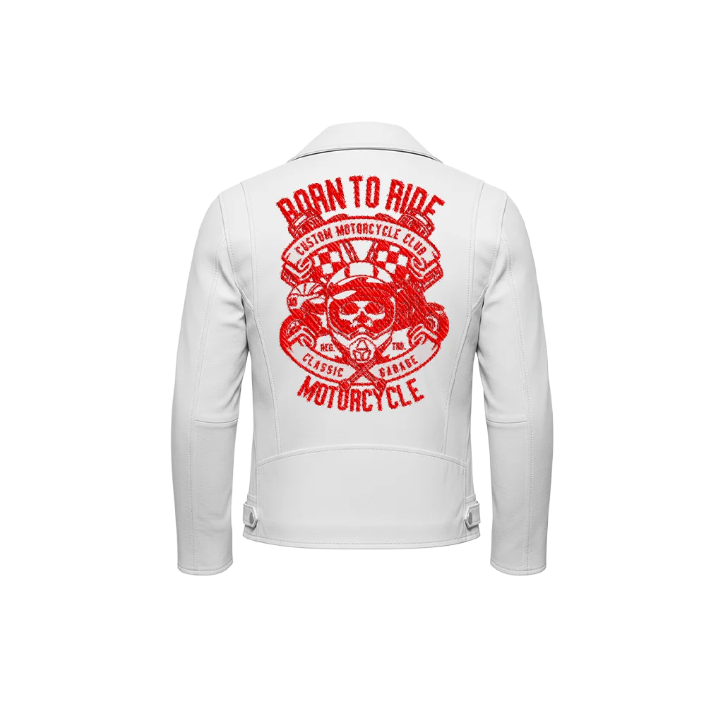 Born To Ride Red Skull & Racing Flags Leather Jacket