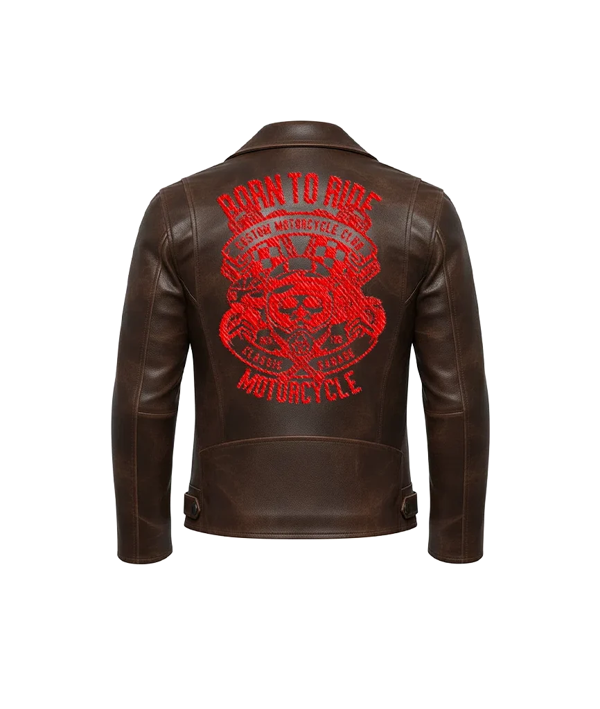 Born To Ride Red Skull & Racing Flags Leather Jacket