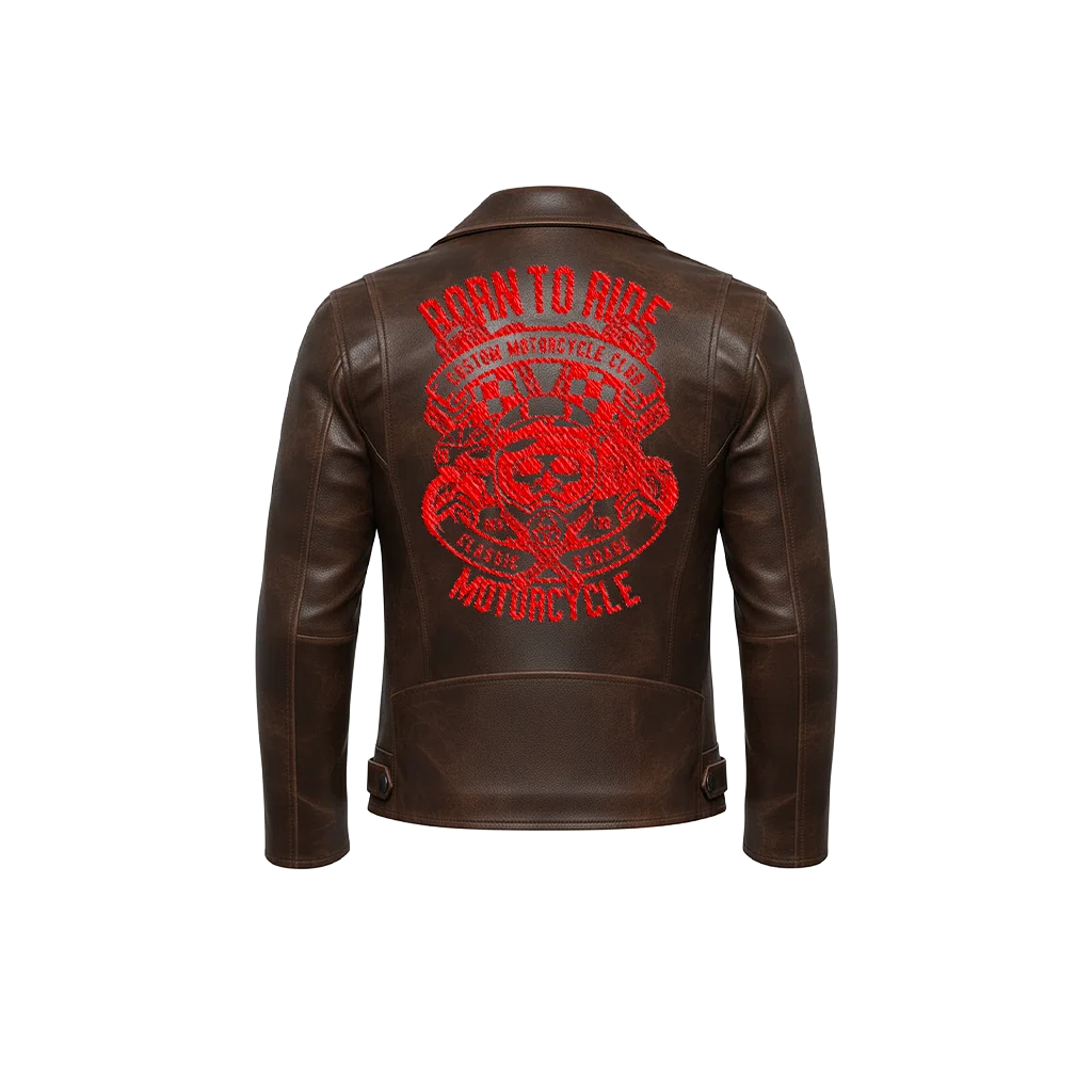 Born To Ride Red Skull & Racing Flags Leather Jacket