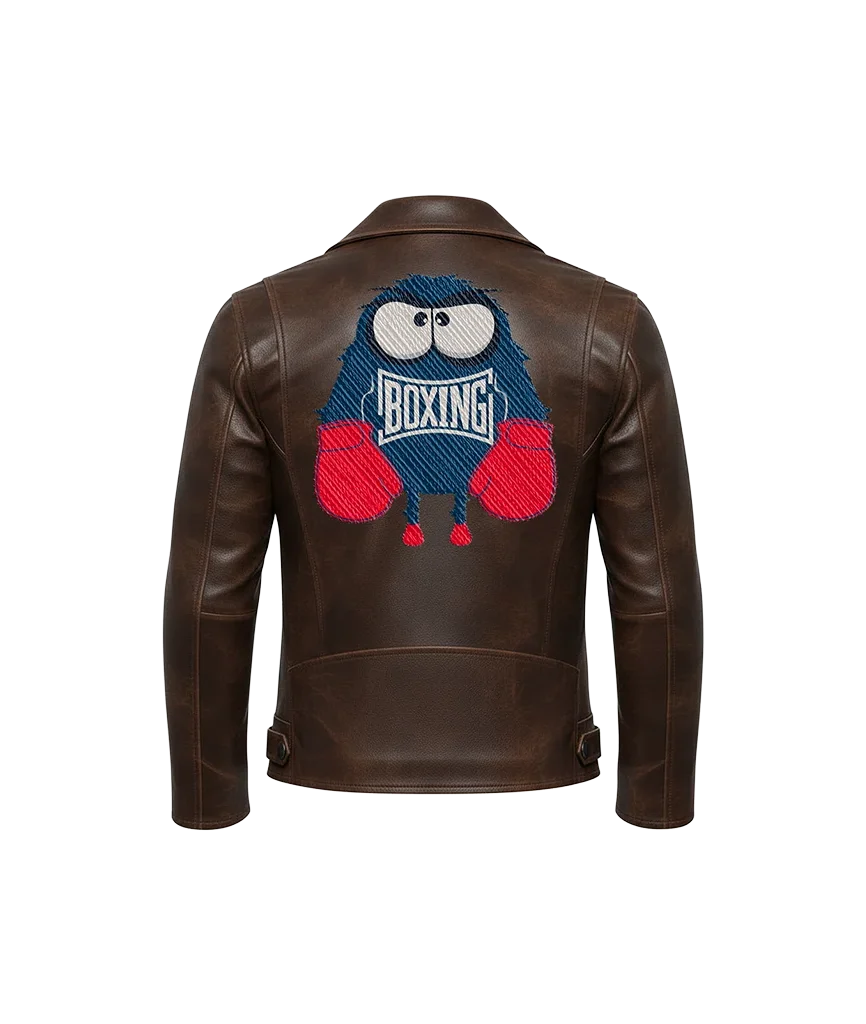 Boxing Monster Cartoon Mascot Embroidered Leather Jacket